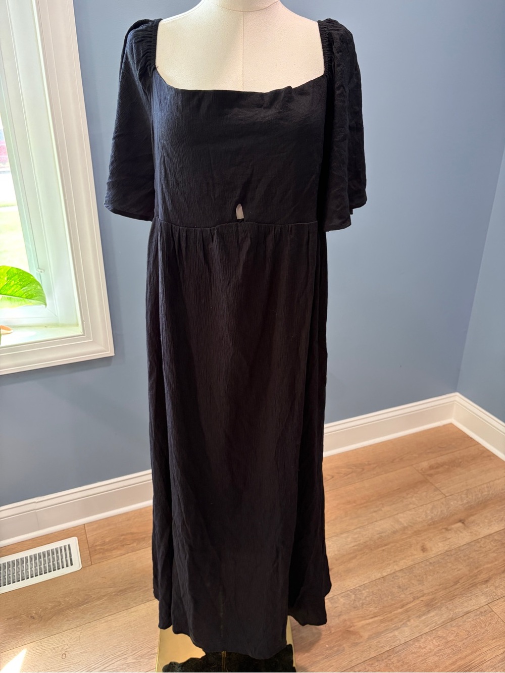 OTT Black Puff-Sleeve Midi Dress Square Neckline Size XL